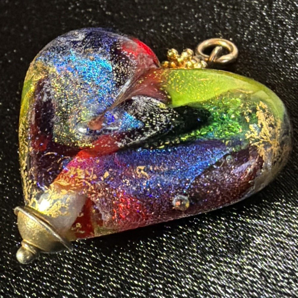 Venetian Glass Puffy Heart Pendant Colorful Dichroic Art Glass Gold Foil Murano